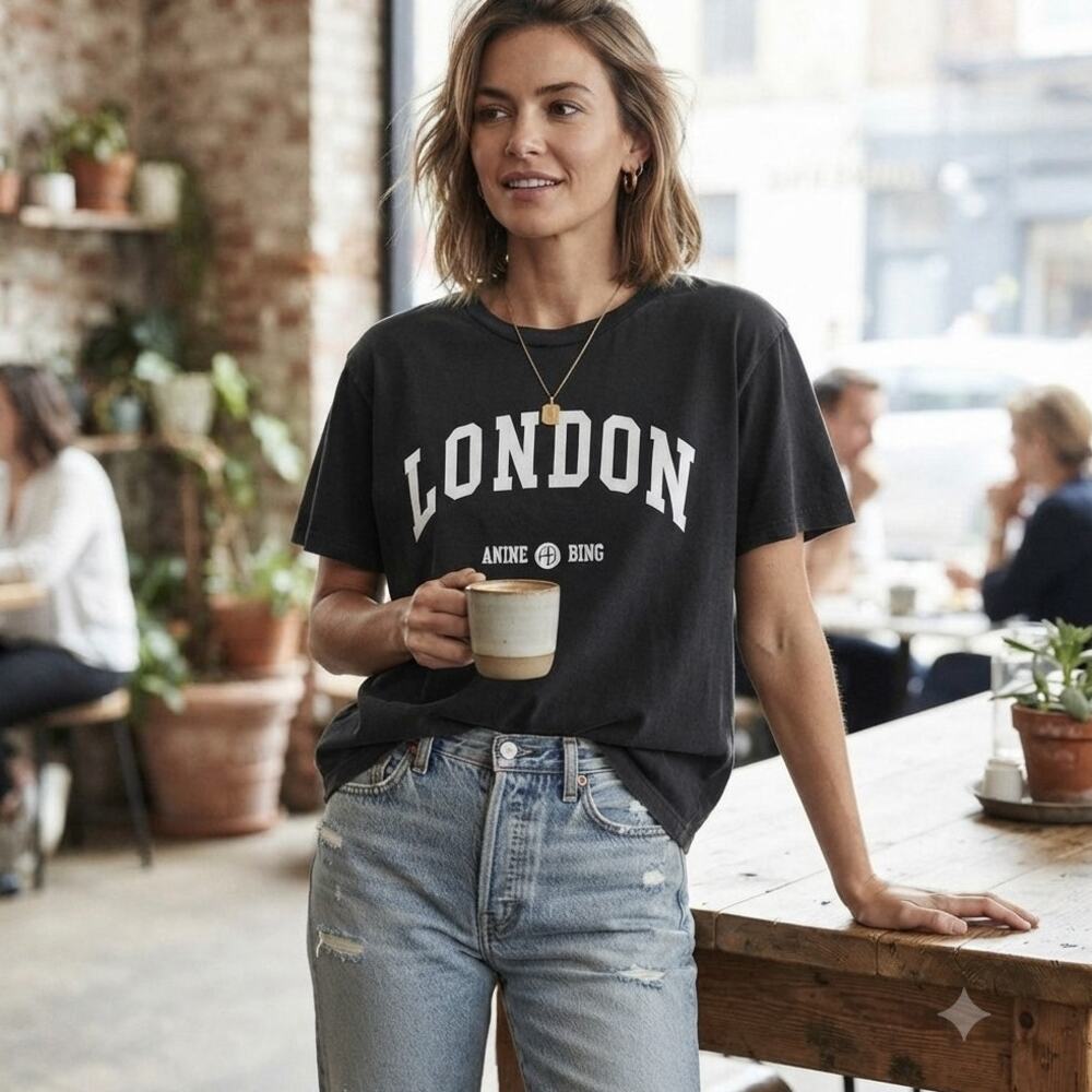 Anine Bing London Collegiate Graphic Tee Short Sleeve Black Cotton Size S EUC